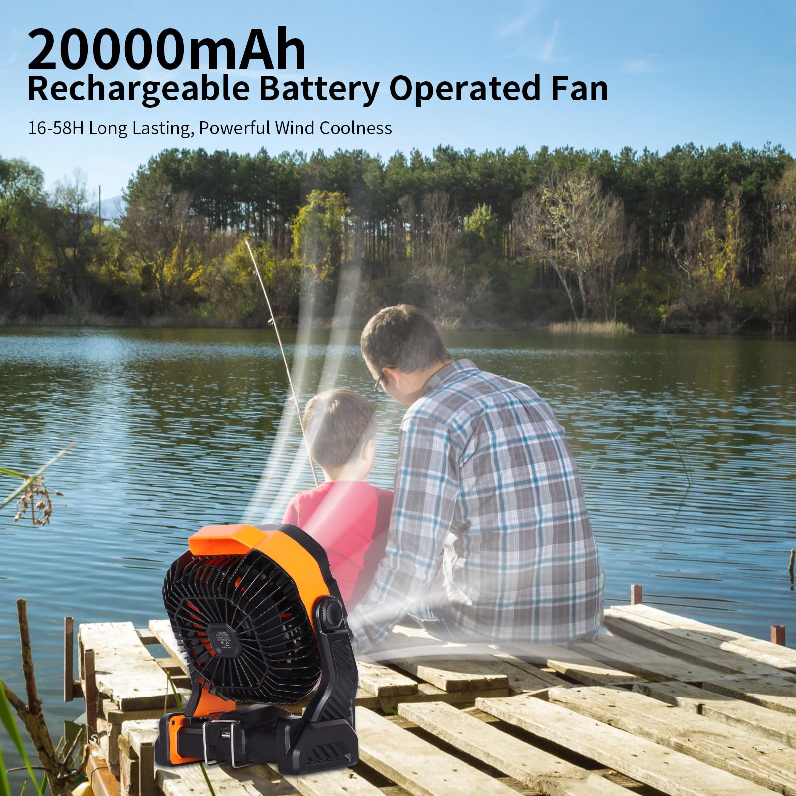 20000mAh Battery powered fan Camping Fan essentials Portable fan Battery OperatedRechargeable Outdoor Tent with Light & Hook Personal USB Desk for Camping,Orange