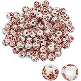 PATIKIL 120 Pcs Ceramic Beads for Jewelry Making, 10mm Flower Printed Round Porcelain Beads Handmade Glazing Beading Supplies for Earring Necklace Bracelets DIY Crafts, Red Floral
