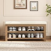 YOUDENOVA Solid Wood Shoe Bench, Entryway Bench with Cushion, 39.5" Beige | Storage Bench with Rubberwood, End of Bed Bench, Bench with Storage for Bedroom, Living Room, Easy Assembly, 300 lb Capacity