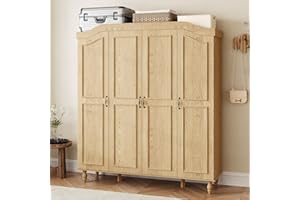 NDOHCUO Arched Armoire Wardrobe Closet with 4 Doors, 71" H Wooden Large Capacity Wardrobe Cabinet with 2 Hanging Rods and 8 Shelves, Freestanding Armoire Storage Cabinet for Bedroom, Cloak Room, Natural