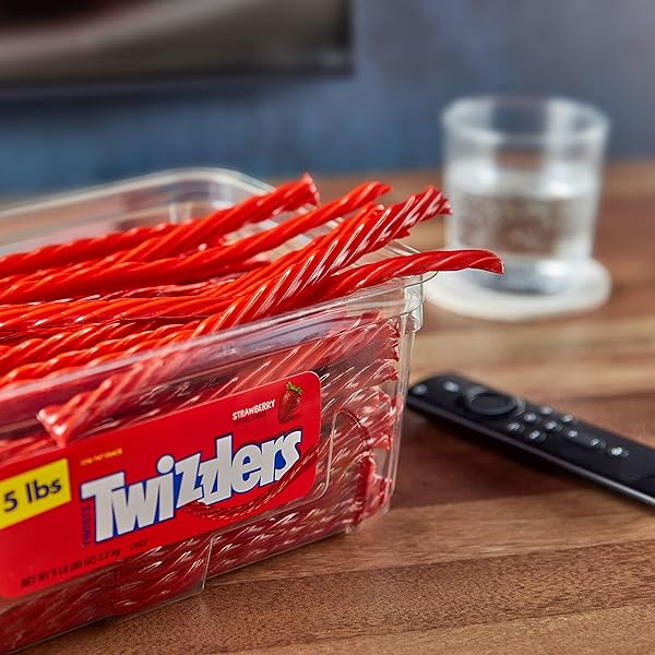 TWIZZLERS TWISTS STRAWBERRY FLAVORED LICORICE STYLE, LOW FAT CANDY TUB, 5 LB