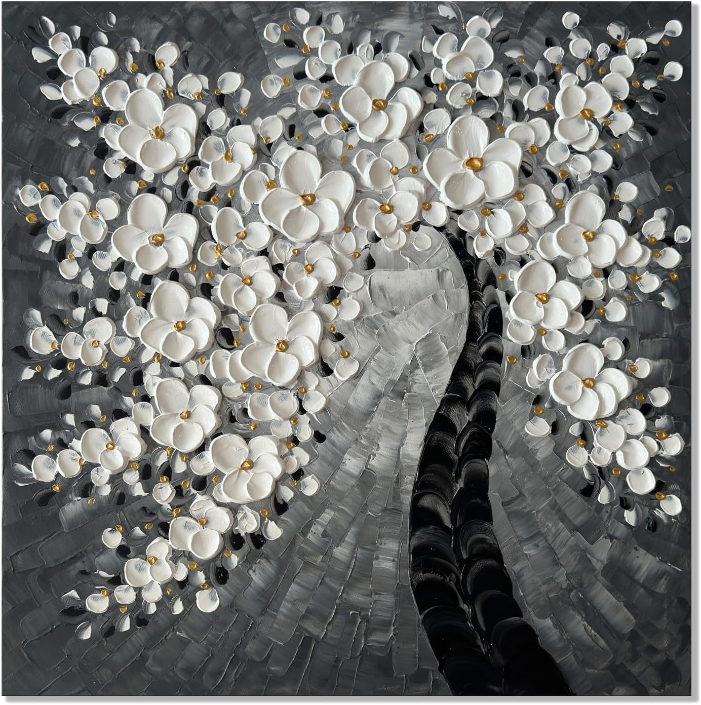 Paintings - zoinart Hand Paintings 3D Floral Canvas Wall Art 24x24 Inches Abstract Floral Paintings Modern Contemporary Texture Wall Art Tree Black and White Artwork for Home Decorations