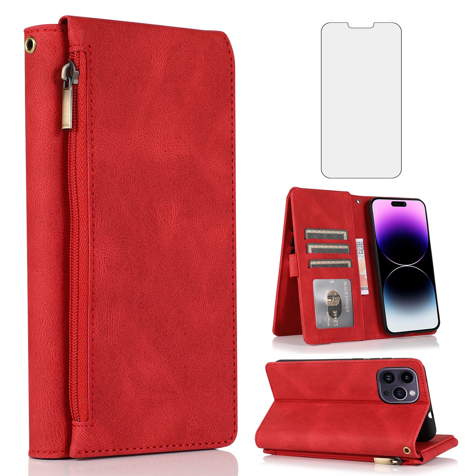 Compatible with iPhone 14 Pro 6.1 inch Wallet Case Tempered Glass Screen Protector and Zipper Leather Flip Cover Card Holder Stand Cell for iPhone14Pro 5G i i-Phone i14 iPhone14 14Pro Women Men Red