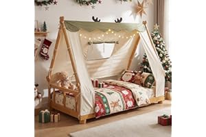 IFANNY Twin House Bed with Velvet Tent for Kids, Wooden Floor Teepee Bed with Roll-Up Curtain, Fence & Slats, Low Montessori 