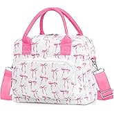 BuyCard Insulated Lunch Bag with Shoulder Strap, Corduroy Tote Bags with Pink Bow Pattern, Reusable Leakproof Cooler Lunch Box for Women for Work, Office, Travel (Pink Bow)