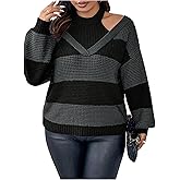 WDIRARA Women's Plus Size Striped Cut Out Sweater Color Block Long Sleeve Knitted Tops