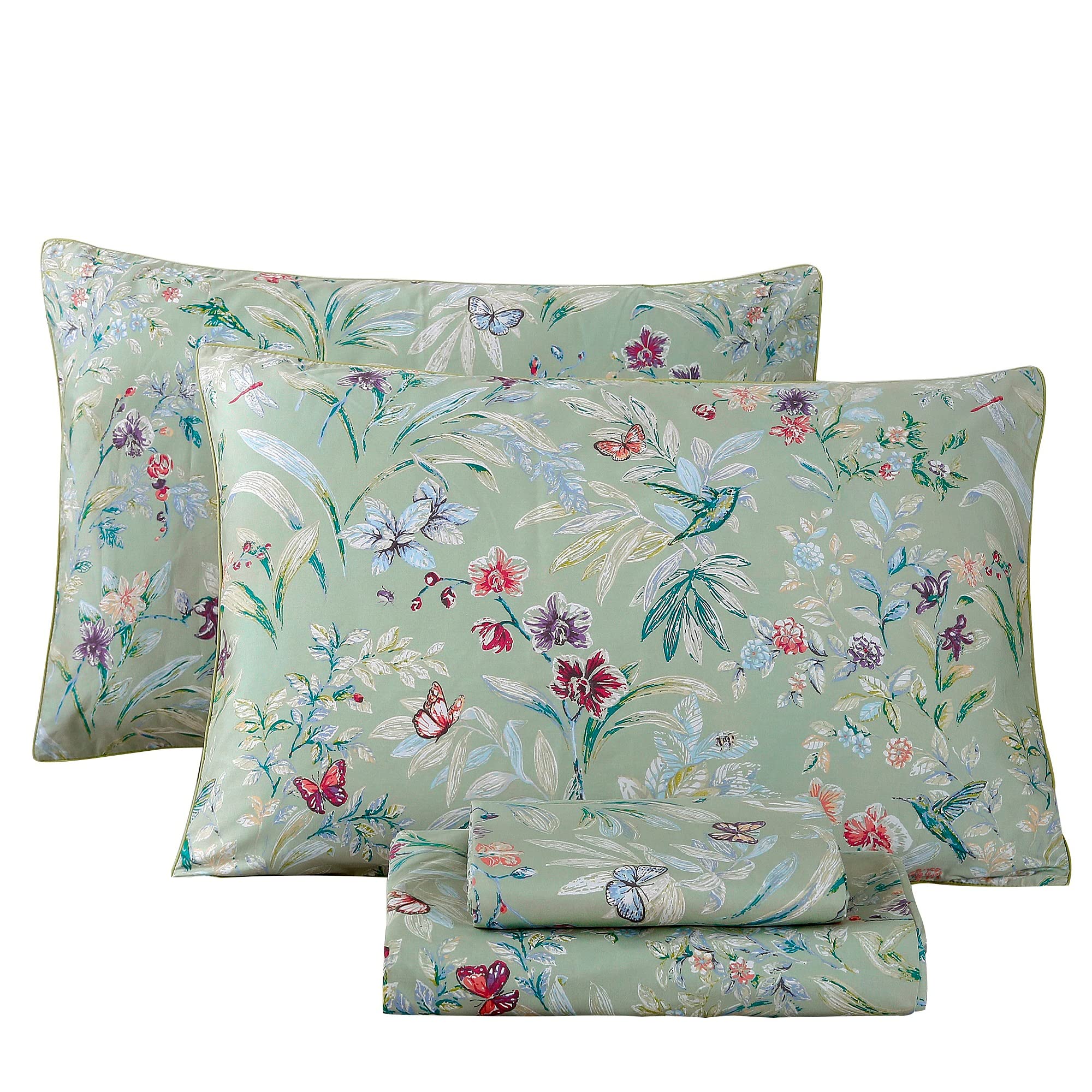 Photo 1 of RYNGHIPY Shabby Flowers Print Bed Sheet Collections Egyptian Cotton Garden Floral Sheets (Green Floral,Queen Size)