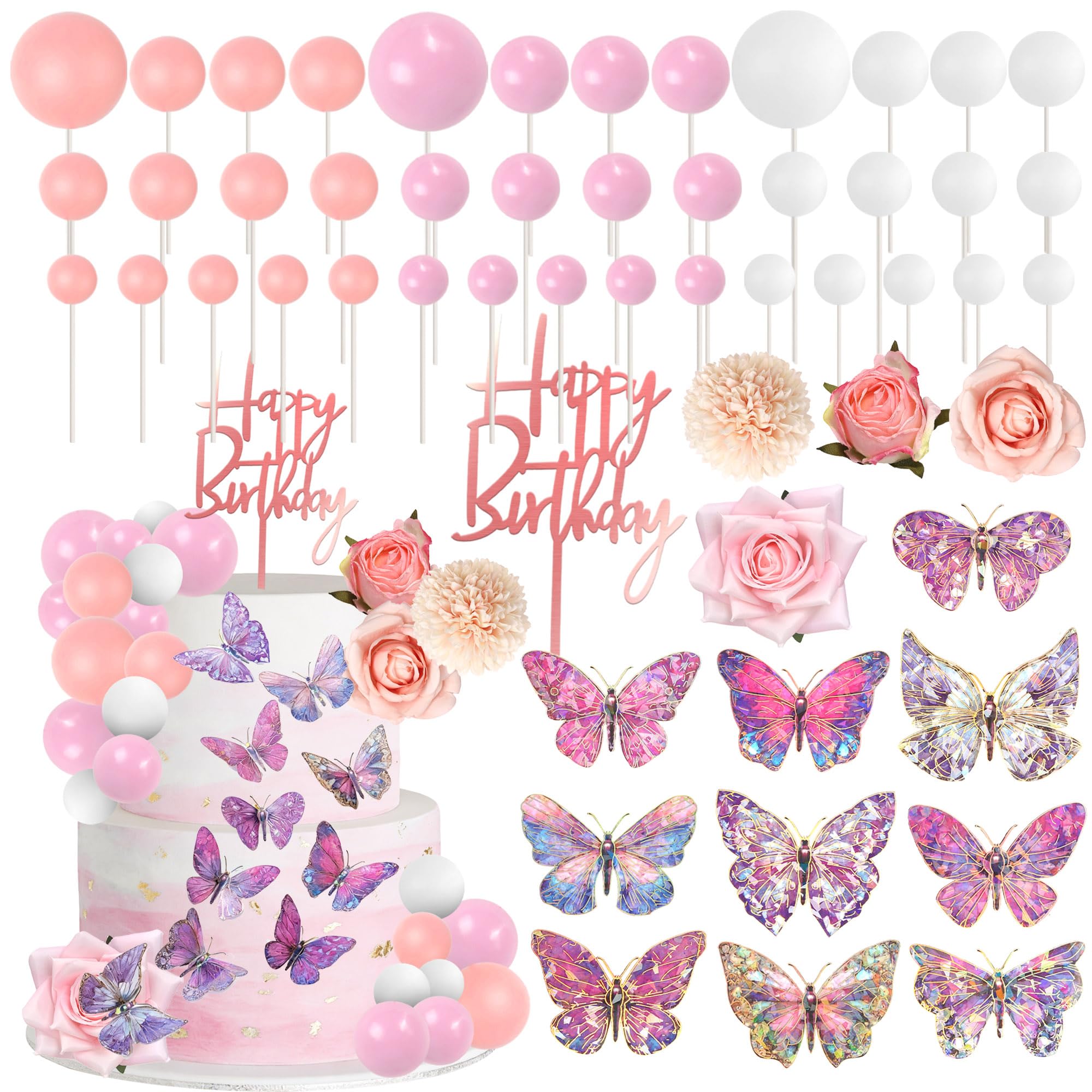 SYKYCTCY 57 Pack Butterfly Cake Decorations Set Pink White Balls Happy Birthday Cake Decorations Flower Cake Topper for DIY Birthday Party Wedding Anniversary Birthday Boho Themed Party Supplies