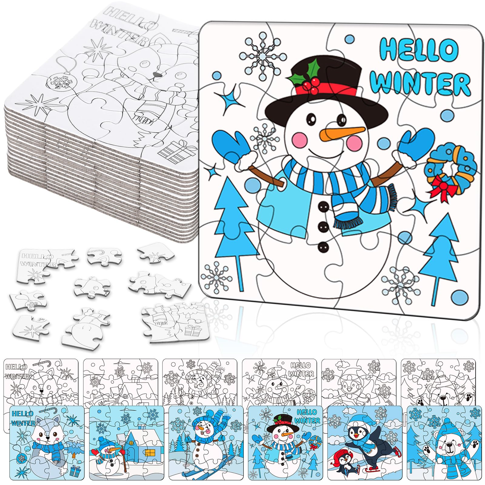 Photo 1 of 24 Pack Winter Jigsaw Puzzle Color Your Own Snowman Puzzle DIY Winter Arts Crafts Bulk Snowman Polar Bear Penguin Blank Puzzle Coloring Crafts Snow Christmas Holiday Party Favors Supplies