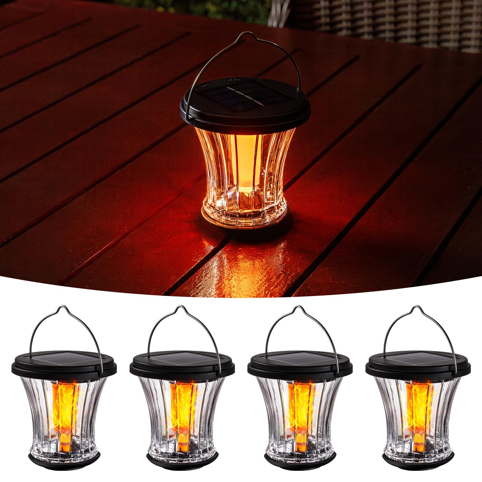 Photo 1 of OPOIRA Glass Solar Lantern Outdoor Lights Waterproof, Flickering Flame Solar Lights with Modular Design, Auto On/Off Decorative Hanging Lanterns for Patio Garden Pathway Camping Deck Yard (4 Pack)