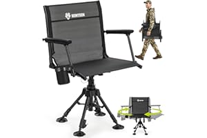HUNTSEN 360° Silent Swivel Hunting Chair for Blinds - Stable Portable Ground Blind Chair Adjustable 4 Legs & Seat Height Folding Outdoor Fishing Seat with Anti-Sink Feet Armrest - Supports 330lbs