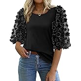 Triratna Women Blouses Summer Casual Crew Neck Cotton Tshirts 3/4 Puff Sleeve Mesh with Appliques Fall Tops Going Out