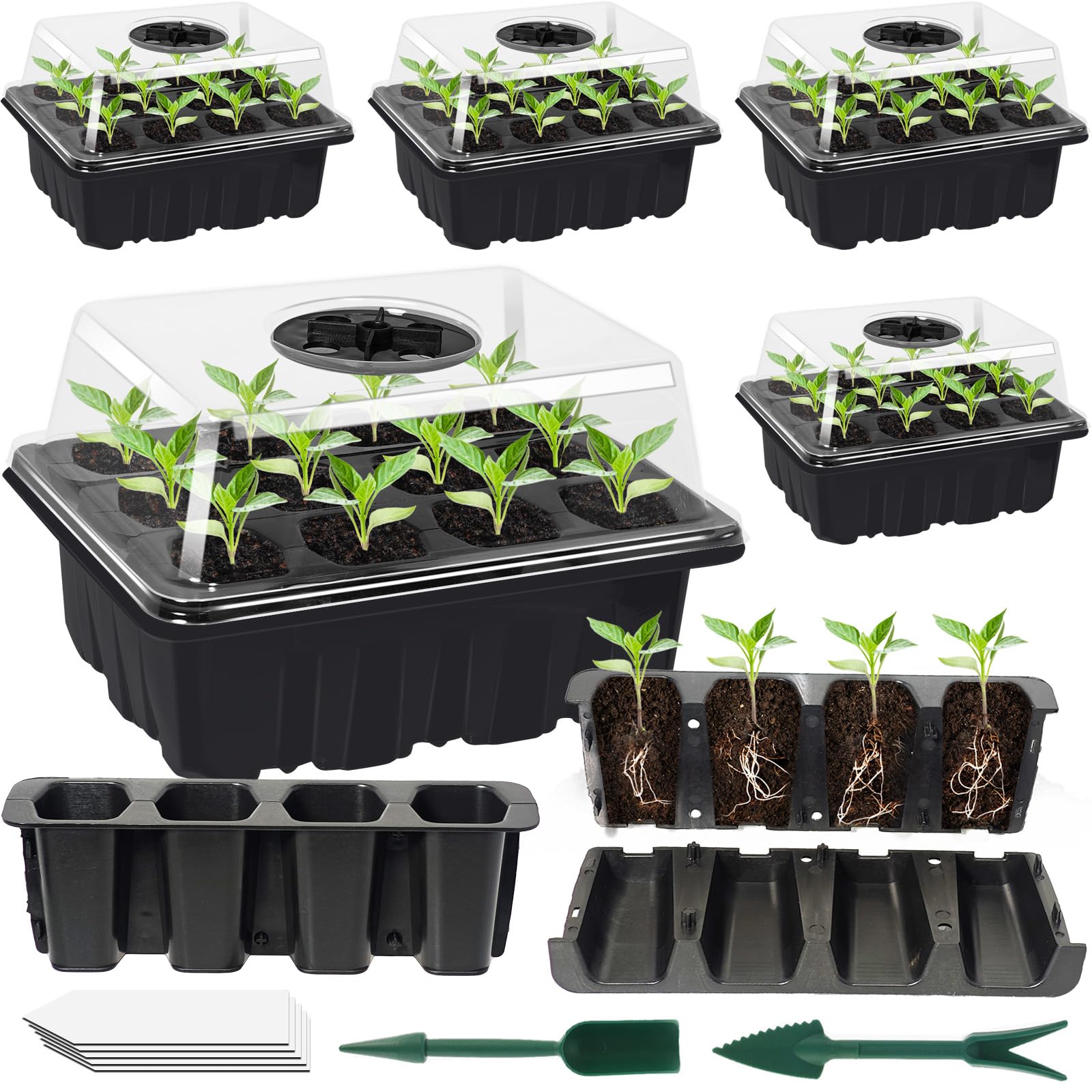 YUNSTK 5 Pcs Seed Propagators, Trays for Seedlings Reusable with Lid, 60 Cells Starter Tray Adjustable Humidity Dome and Base, Windowsill & Greenhouse Grow Plant Germination Equipment