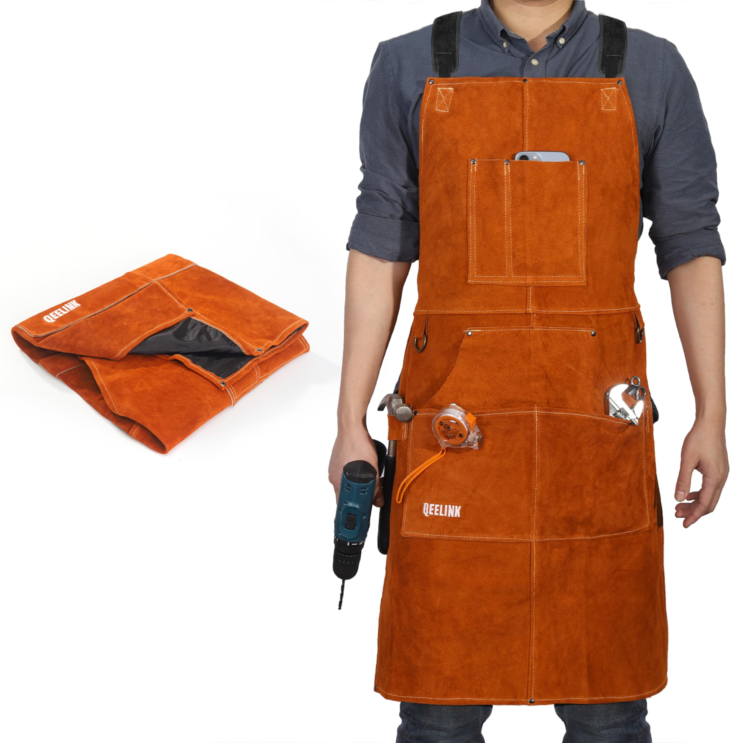 Leather Woodwork Apron, QeeLink Leather Apron with 6 Tool Pockets Heavy Duty Welding Apron for Men Women Heat Resistant Work Shop Supplies, 61cm x 91cm, Adjustable M to XXL