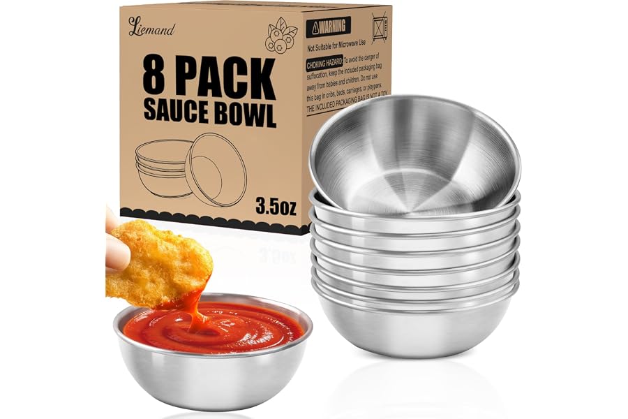 LIEMAND Stainless Steel Small Dipping Bowls, 3.5oz, 8-Pack, Silver | Stackable, Round Small Bowls, Ramekins, For Dips, Side Dish, Snacks, Meal Prep, Charcuterie Accessories, Soy Sauce Dish
