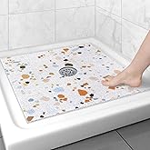 Square Shower Mat Non Slip: 27x27 Inch Shower Floor Mat with Drain Hole in Middle, Super Soft and Comfortable PVC Loofah Massage Bath Mat for Shower, Anti Slip Shower Stall Mat, Quick Drying