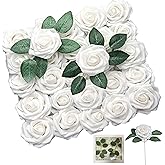 SHUERIET Ivory White Artificial Roses 25pcs, Real Looking Fake Foam Flowers with Stems for DIY Wedding Bridal Bouquets, Centerpieces, Party, Baby Shower, Christmas Decor