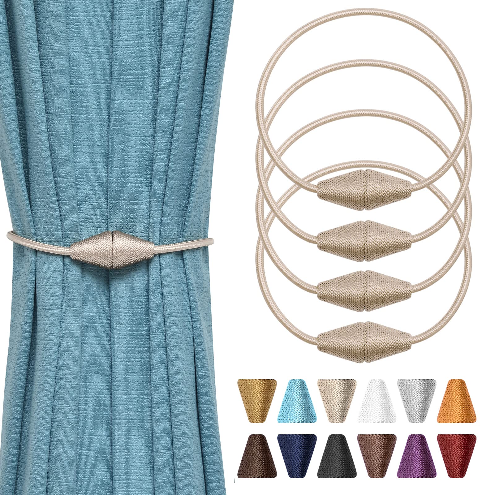 Pretty Jolly 4 Pack Upgrade Magnetic Curtain Tiebacks Handmade Weave Rope Curtain Holdbacks Convenient Decorative Cone Curtain Drape Tie Backs for Home & Office Window Drapery (Beige)