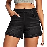 IUGA Stretchy Baggy Jean Shorts Womens Pull On Denim Shorts Women High Waisted Tummy Control Jorts Summer Casual with Pockets