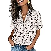 Zeagoo Button Down Shirts for Women Short Sleeve Collared Tops Dressy Casual V Neck Blouses