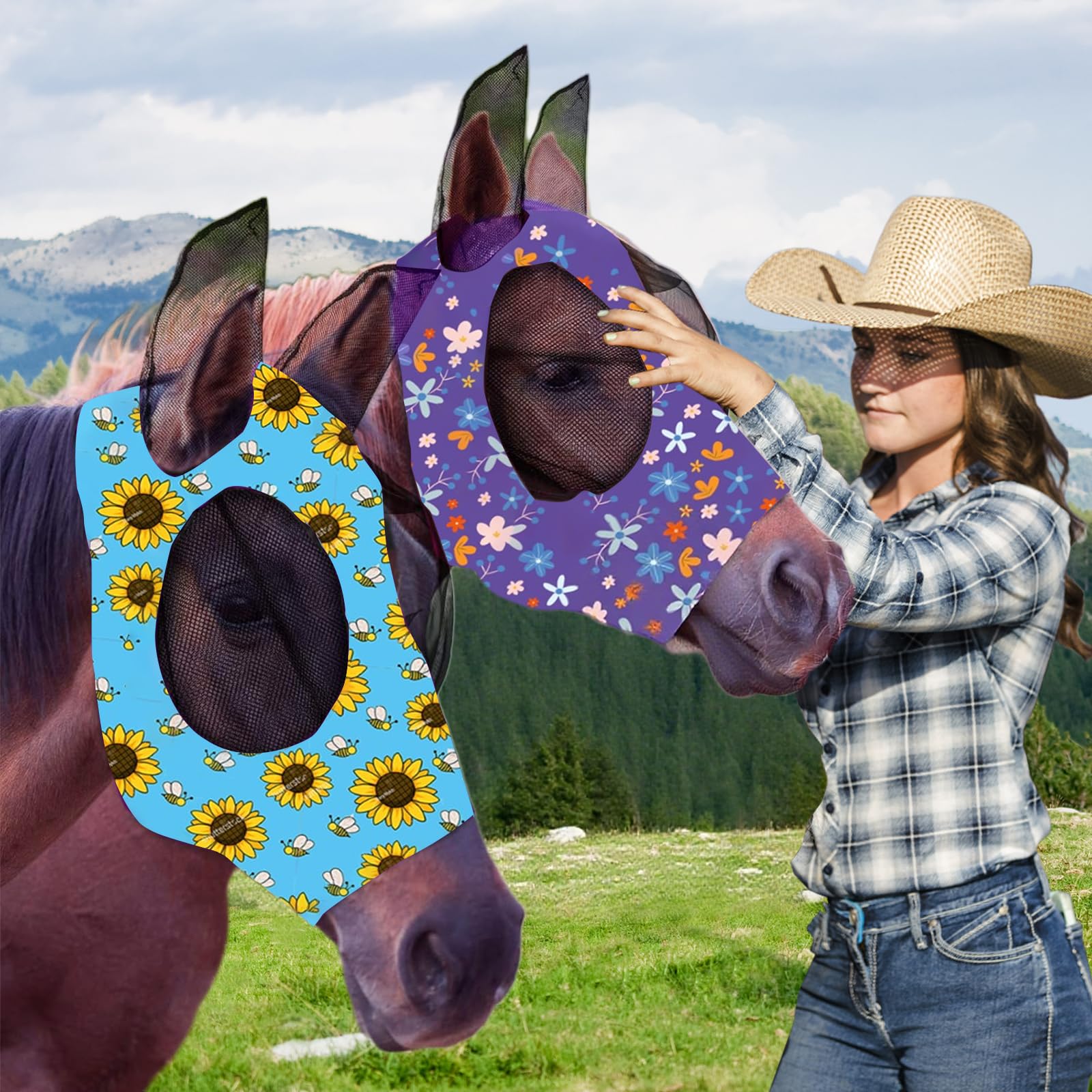2pcs Horse Fly Mask with Ear Breathable Fine Mesh for Eye Protection from Insect Pests and UV Protection Covering for Horses Riding Supplies