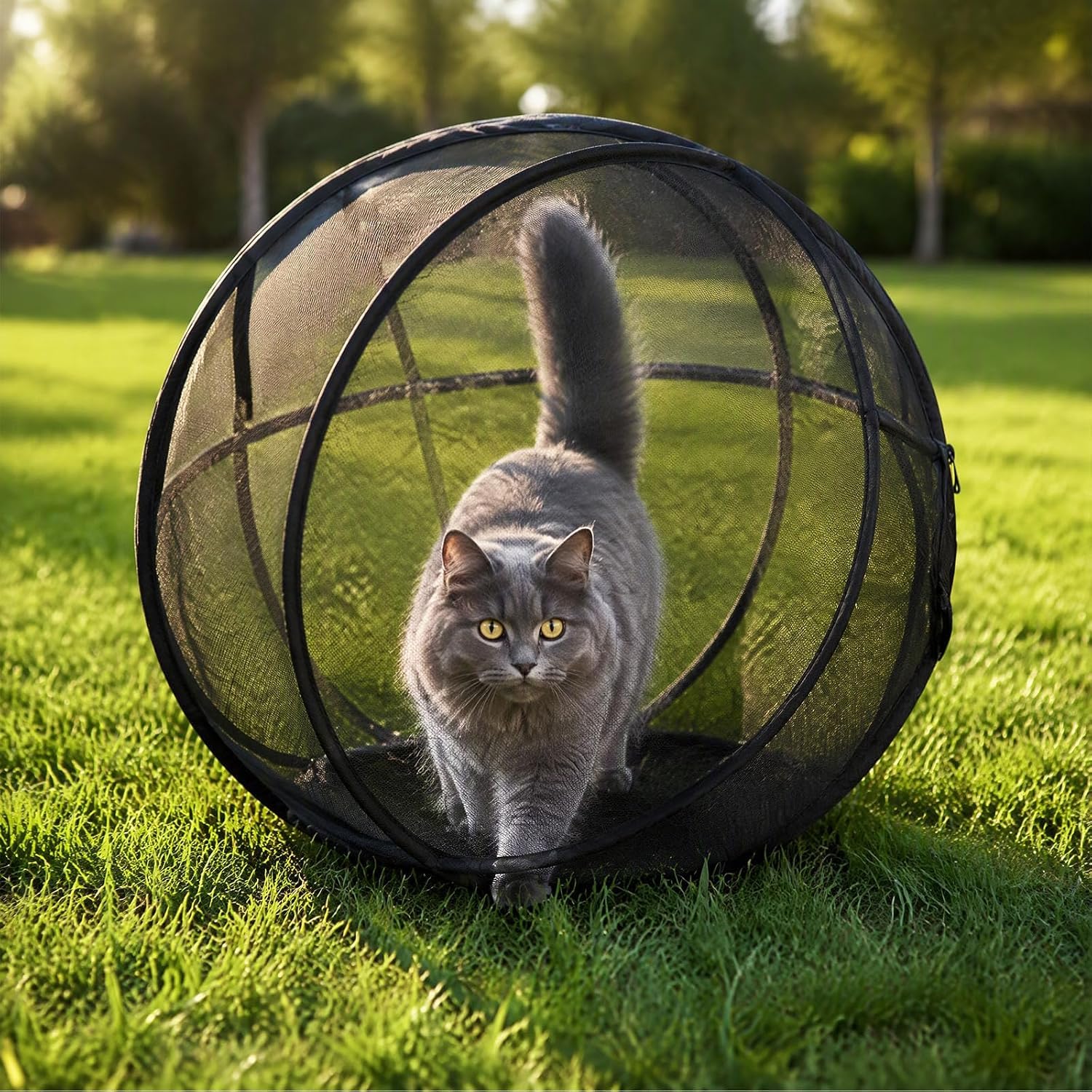 Portable Outdoor Cat Enclosure 27" Mesh Ball Cat Cage | Collapsible Breathable Pet Playpen with Zipper, Rolling Outdoor Cat E