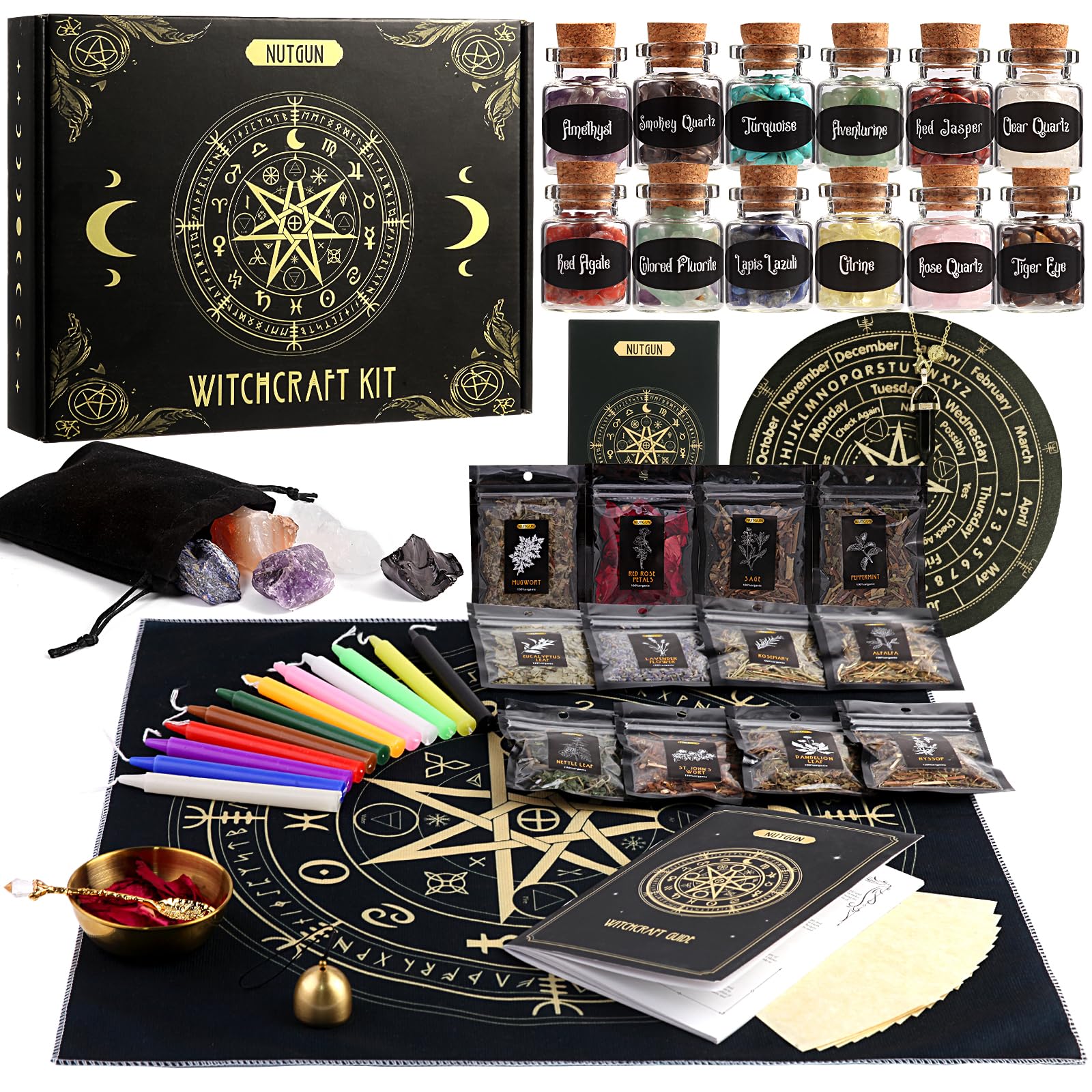 Nutgun Large Witchcraft Supplies Kit 60 PCS, Wiccan Supplies and Tools Including Witchcraft Herbs, Spell Candles, Crystals, Guidebook, Witch Altar Spell Starter Kit, Witchy Gifts for Women — image 1