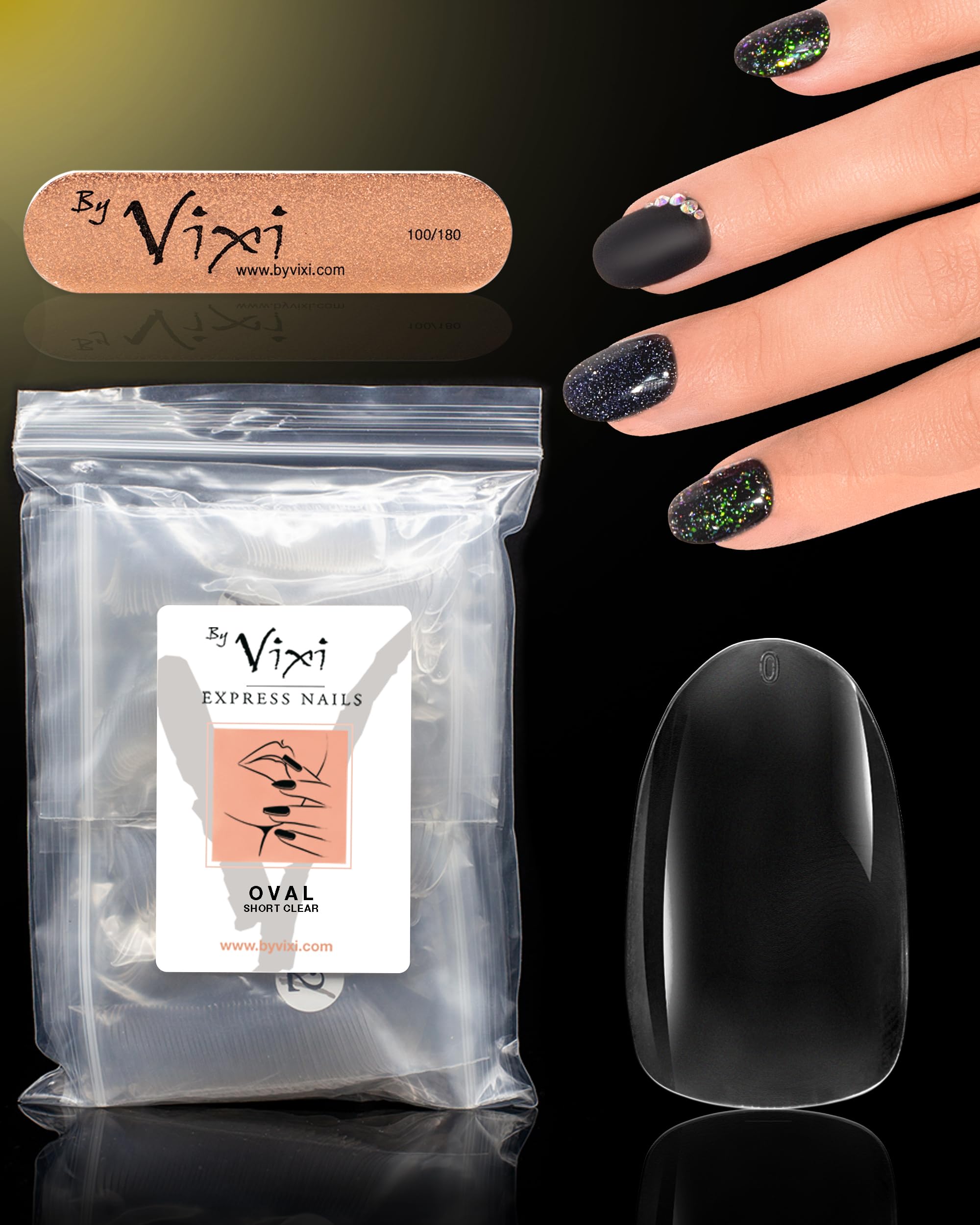 600 Short Oval Press On Nails Set with By Vixi Prep File – Clear Full Cover False Nails, Stick On Fake Nail Tips, 10 Sizes, Acrylic Nail Extensions for Gel Polish & Nail Art
