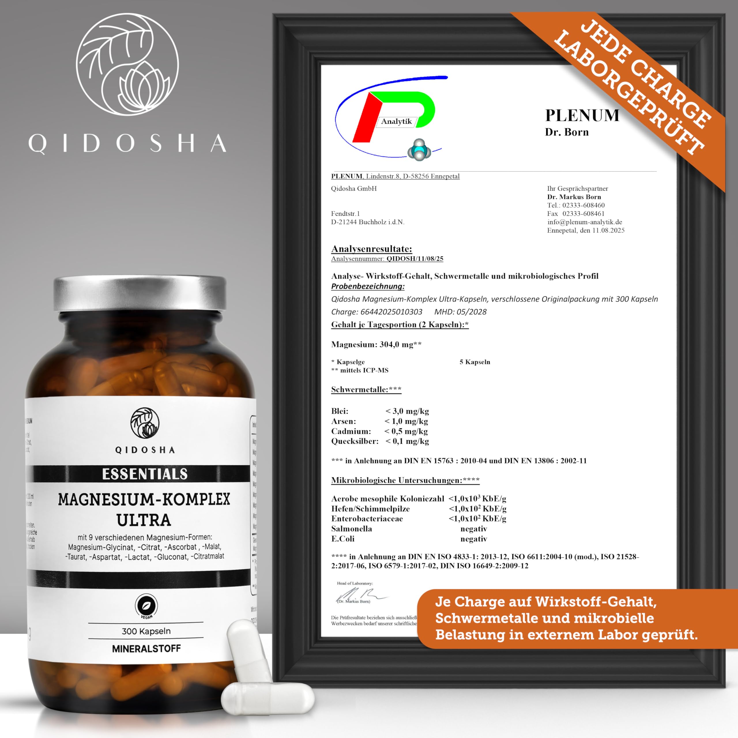 QIDOSHA® Magnesium Komplex hochdosiert, 300 Kapseln im Apothekerglas, 9 Mg-Formen mit sich ergänzenden Wirkschwerpunkten als Mg-Vollspektrum, 300mg elementares Magnesium/Tagesportion 5