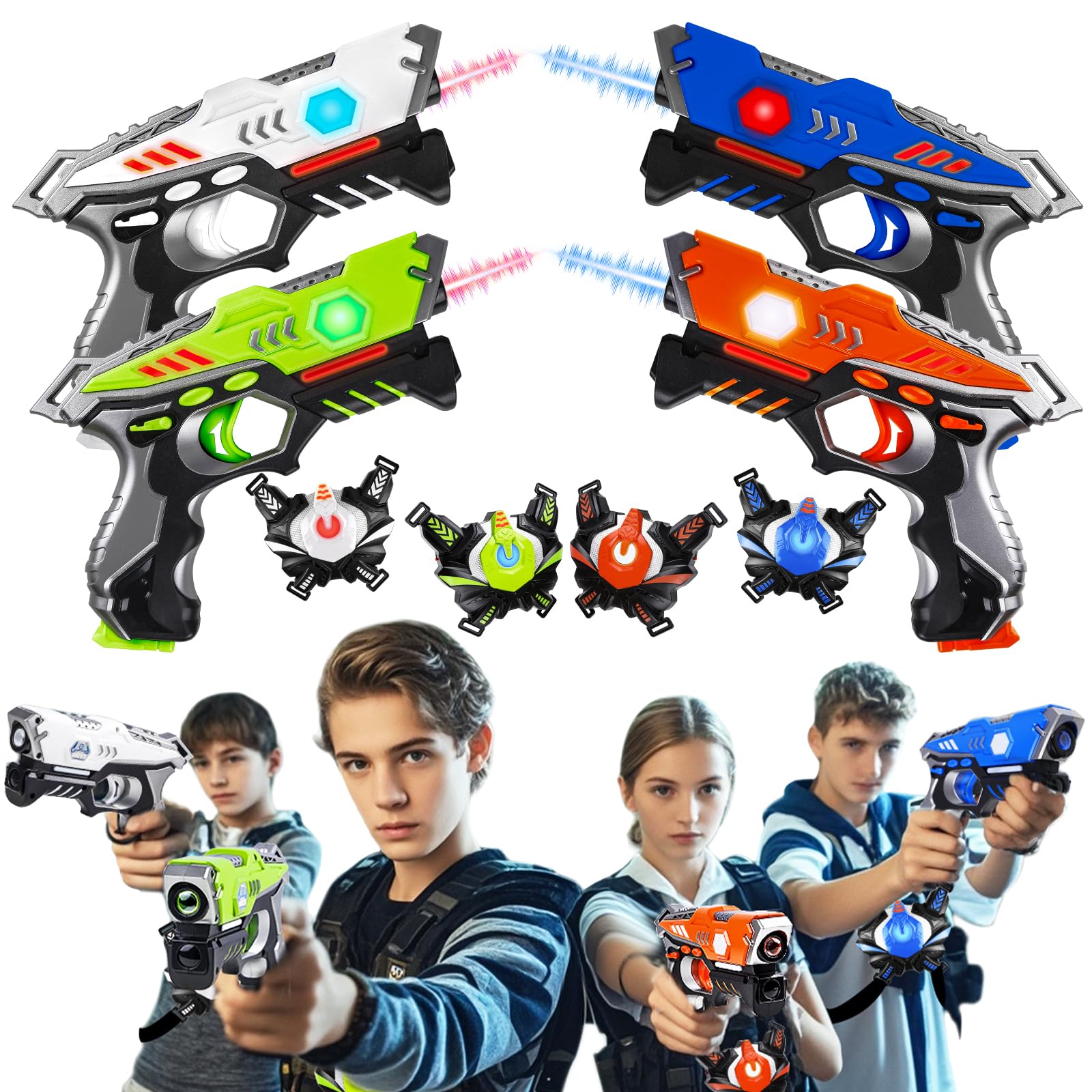 JOYENDER Laser Tag Games for Kids Laser Tag 4 Player Pack with Vests Lazer Tag Game Gift for Boys Toy Aged 4 5 6 7 8 9 10 11 12+ Laser Tag Gun for Kids, Lazer Tag Set Family Group Indoor Outdoor Game