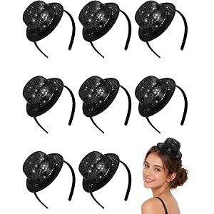 Unittype 8 Pcs Mini Top Hat Headband Black Sequin Fascinator Glitter Hat | for Women Men, Costume Accessory for 1920s Party,