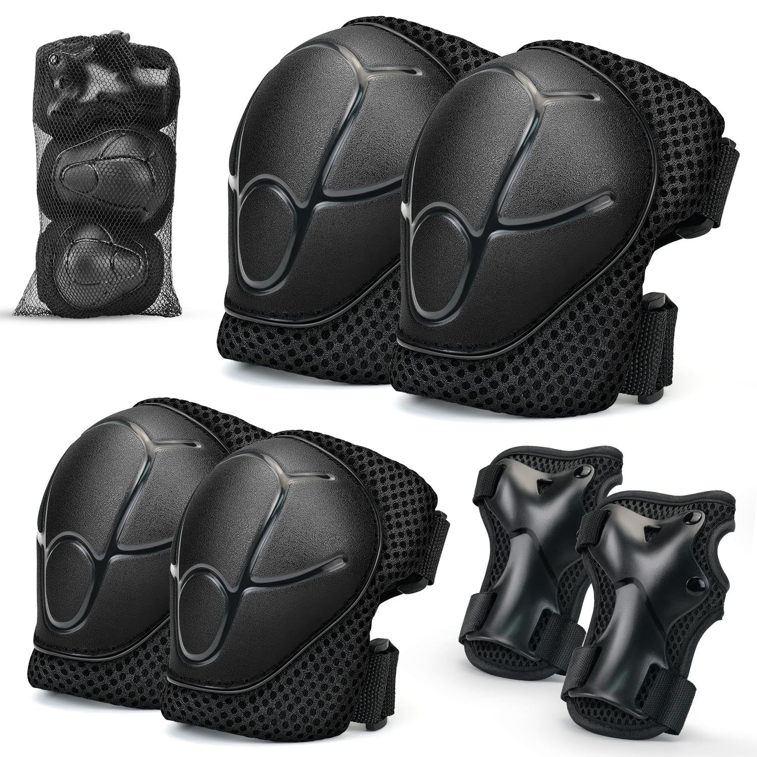 Kids Knee And Elbow Pads ,6pcs Wrist Guard Knee And Elbow Pads for Children, Kids Sports Protective Gear Set With Mesh Bag for Skateboard, Roller Skating, Biking, And Outdoor Multi-Sports (Black)