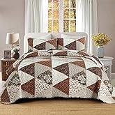 Dobuyly Fall King Size Bedspread, Brown Floral Triangle Patchwork King Size Quilt Fall Bedding Set, Soft Lightweight Microfiber Coverlet Set (1 Quilt, 2 Pillow Shams)