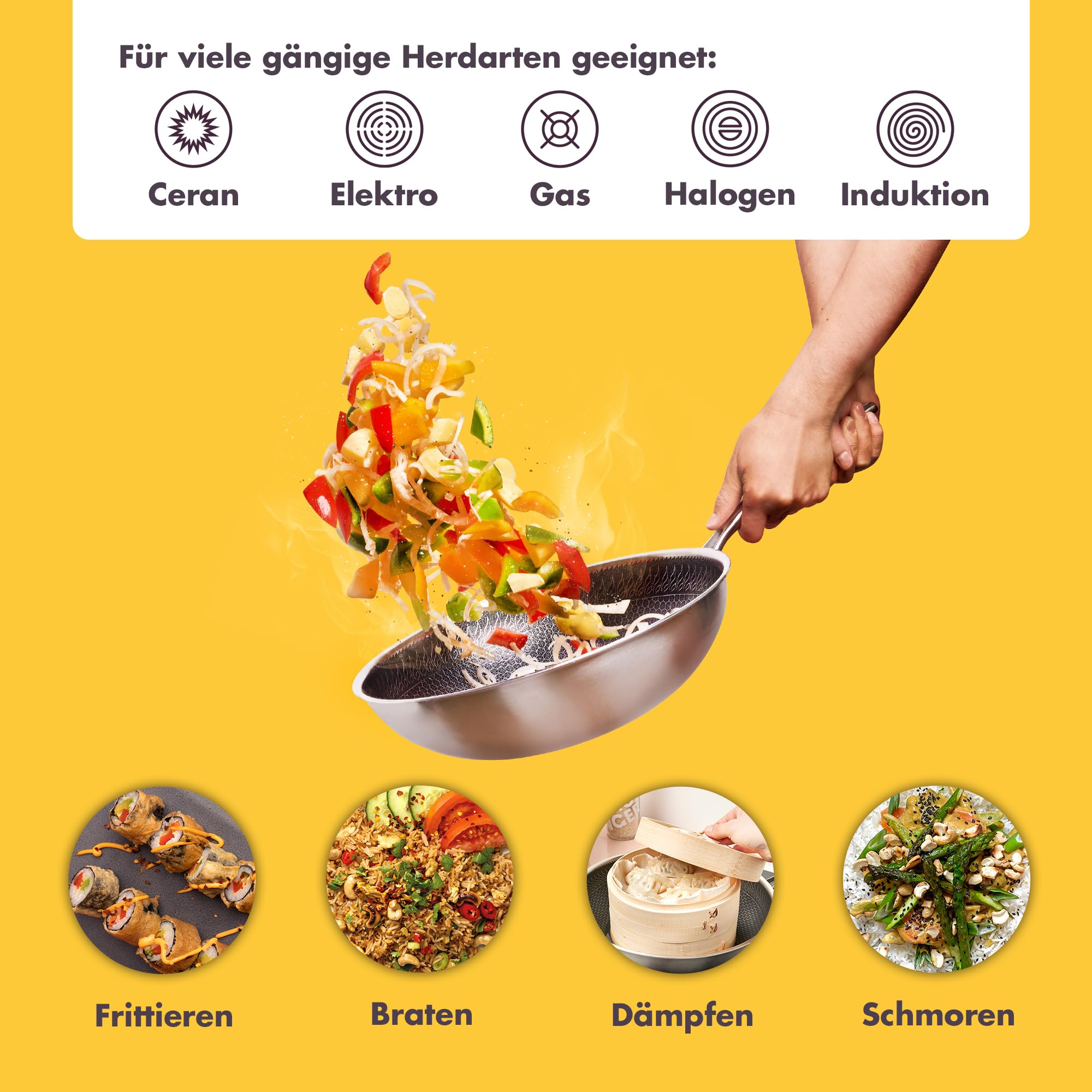 Reishunger Premium Wok aus Edelstahl | 28 cm Durchmesser | Mit Glasdeckel | Für alle Herdarten, Induktionsgeeignet | Wabenstruktur mit Antihaftbeschichtung | Spülmaschinengeeignet, Ofenfest 2
