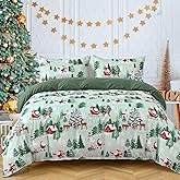 Dinjoy Christmas Duvet Cover Set Queen Size 3 Piece, Green Christmas Tree Deer Pattern Bedding Set, Soft Microfiber Duvet Cover with Zipper