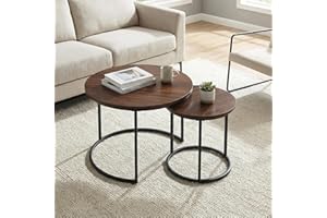 CUIZEHUA Round Nesting Coffee Table Set of 2, Modern Marble Pattern Wooden Nesting Tables, Stacking Minimalist End Table for Living Room Bedroom Small Space, Wood Brown & Black