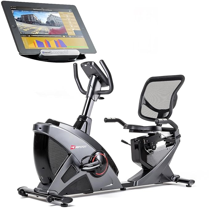 Hop-Sport Liegeheimtrainer HS-070L inkl. Unterlegmatte Sitzheimtrainer Bluetooth 4.0 Smartphone Seteuerung 16 Widerstandsstuf