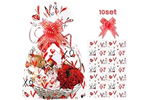 WeDoSoy 10 Pcs Cellophane Bags for Valentine's Day Gifts - 16x24 inch with 10pcs Pull Bows for Gift Packaging, Baskets, Cake, Wine Bottle, Plush Toys and More (XO & Red Heart Style)