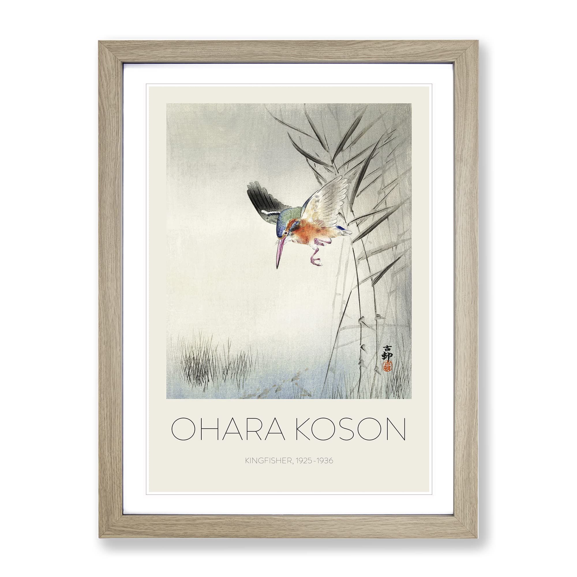 Hunting Kingfisher By Ohara Koson Exhibition Museum Asian Japanese Framed Wall Art Print, Ready to Hang Picture for Living Room Bedroom Home Office Décor, Oak A4 (34 x 25 cm)