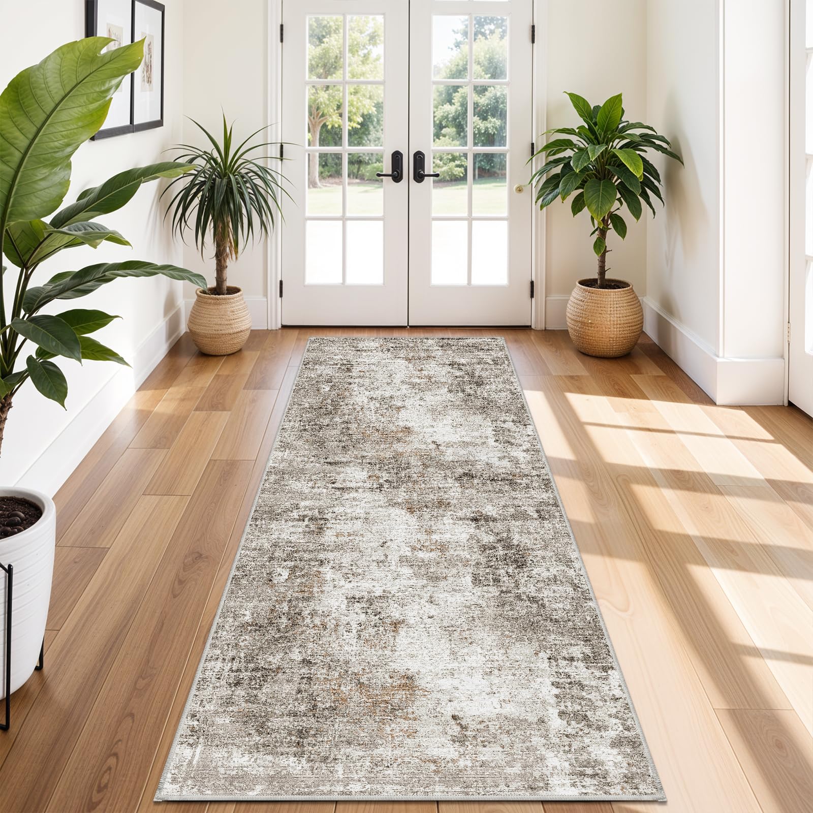 Photo 1 of 4x10 ft Extra Wide Hallway Rug – Non-Slip Washable Rubber-Backed Large Carpet Runner for Kitchen, Entryway | Modern Abstract, Low-Pile Thin Floor Mat for Bedroom Living Room Dining Room (Beige,Grey)