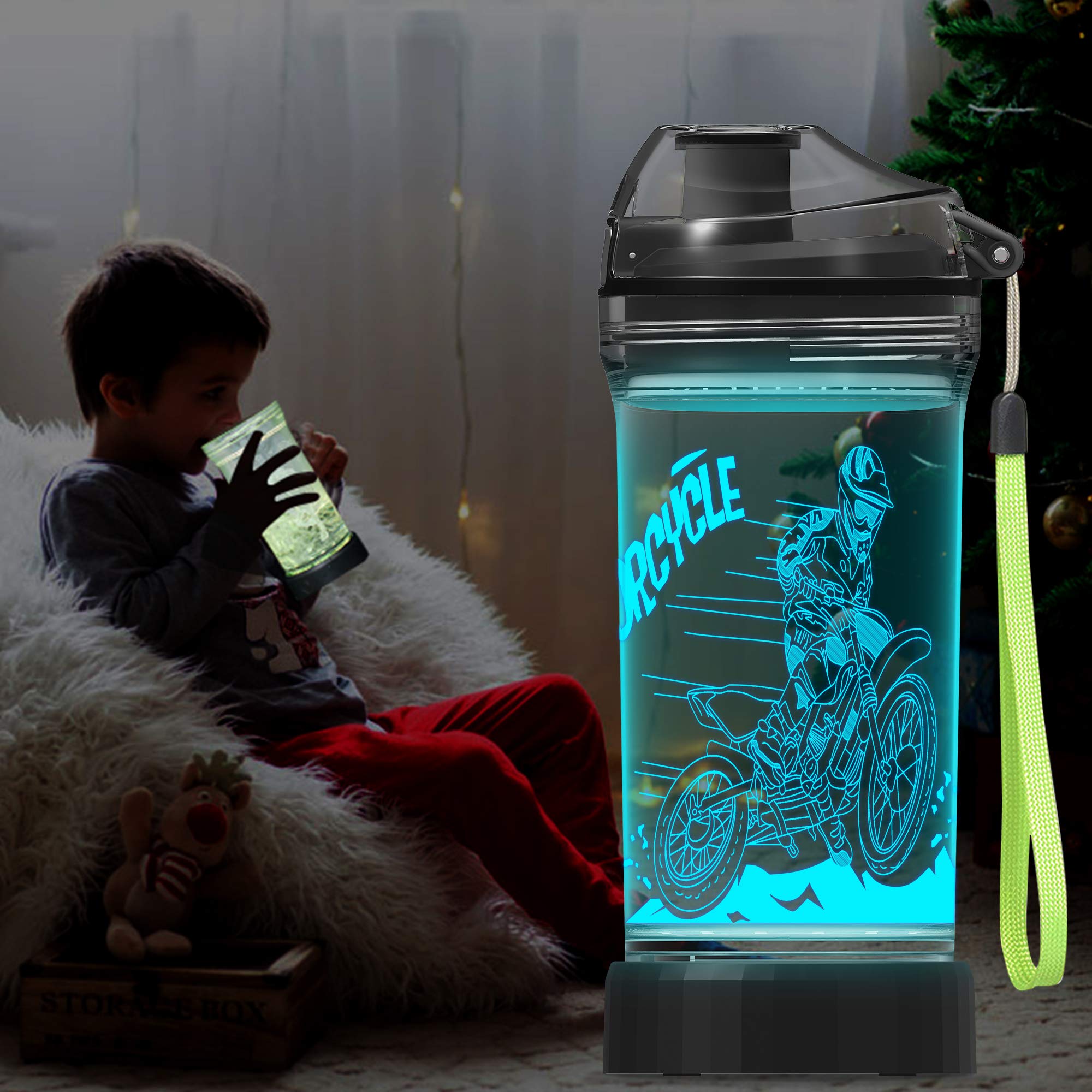 Lightzz Dirt Bike Gifts for Boy, Kids 3D Glowing Water Bottle with LED Light - 14 OZ Tritan BPA Free - Creative Ideal Travel Cup Motorcross Gift for School Kid Boy Child Holiday Camping Picnic