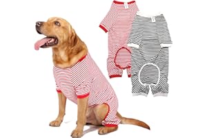 LEVIBASIC Dog Pajamas Cotton Striped Pup Jumpsuit, Breathable 4 Legs Basic Pjs Shirts for Puppy and Cat, Super Soft Stretchable Dog Jammies for Boys and Girls (Large, White Red+Black)