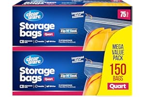 CLEARWARE Quart Storage Bags, Double Zipper Seal - 150 Count, Resealable Thick Plastic Food Storage Bags - Microwave-Safe, Zero BPA - Reusable Containers for Lunch, Snacks, Meals - 2 Boxes