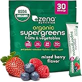 Zena Nutrition Organic Super Greens Powder, 70+ Superfoods, 0 Sugar, 3g Fiber, Spirulina, Chlorella, Mushrooms, Prebiotics/Probiotics, Digestive Enzymes, Gut Health, Mixed Berry, 30 Drink Mix Packets
