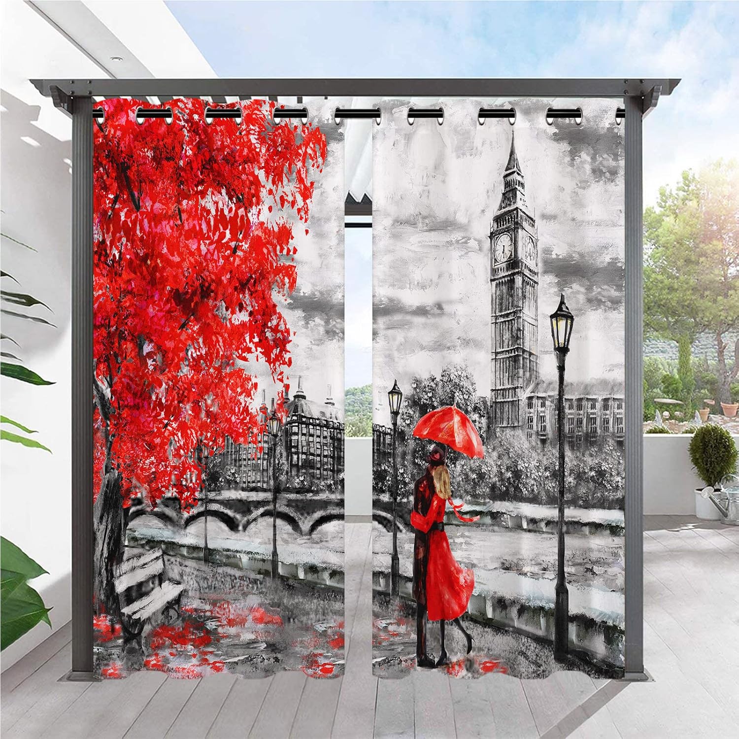Outdoor Curtains - ANHOPE Outdoor Curtains Waterproof Grommet Top Curtains Romantic City London Big Ben Print Pattern Privacy Outside Curtains for Patio Gazebo Pergola Garden Porch Cabana Pool 2 Panels 54 x 84 Inch