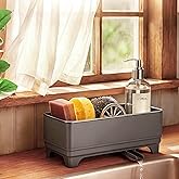 MOUKABAL Sponge Holder for Kitchen Sink – Rustproof Stainless Steel, 360° Rotating Drain Pipe, Large Counter Organizer with Drip Tray for Sponges, Brushes & Dish Cloths Grey