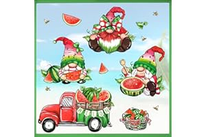 Mfault Summer Watermelon Gnome Window Clings 4 Sheets, Red Green Melon Truck Stickers Decal Decorations, Basket Bee Seasonal Farmhouse Home Kitchen Decor