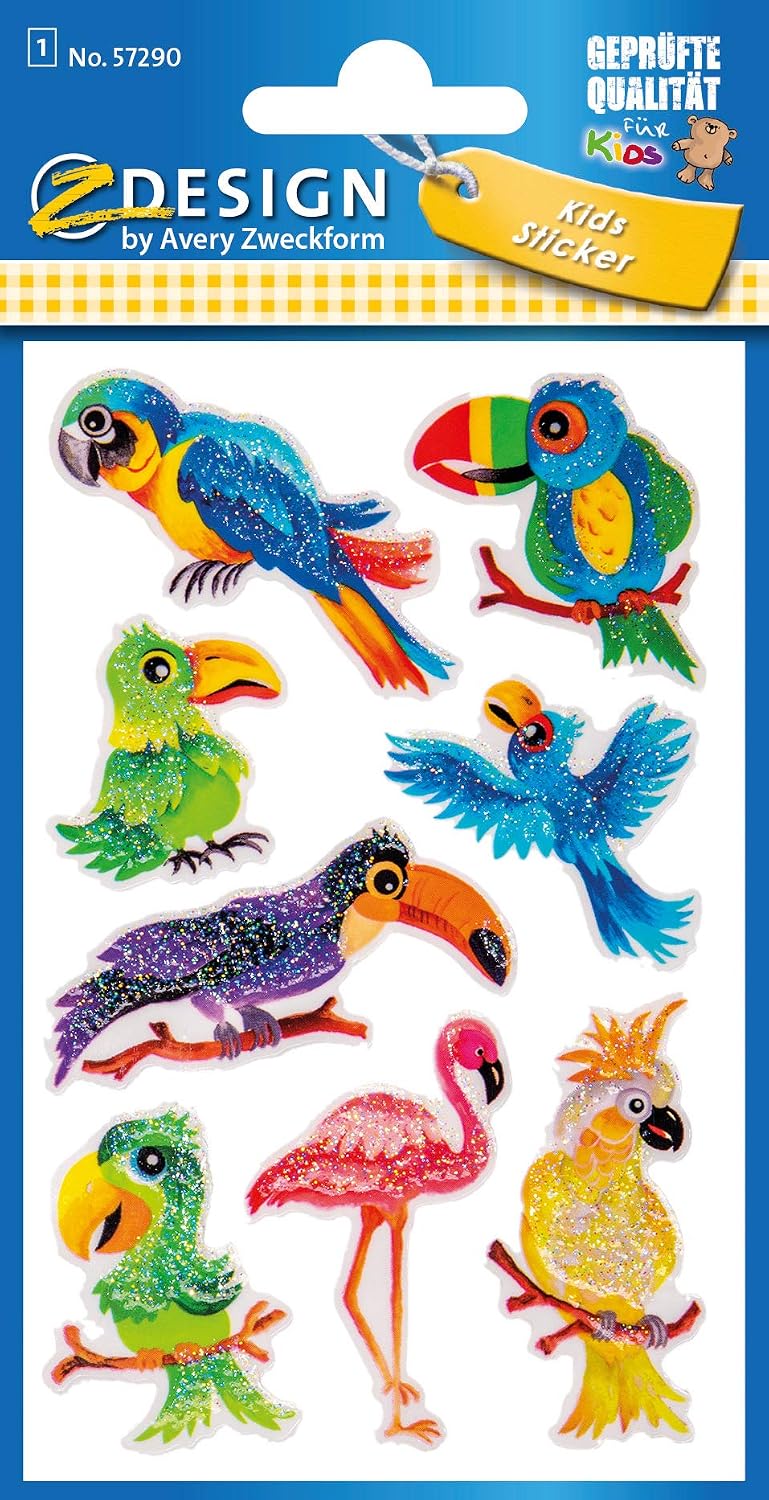 Z-Design AVERY Zweckform Glitter Sticker Birds 8 Stickers (Self-Adhesive Colourful Children's Stickers for Playing Crafts - Image 3