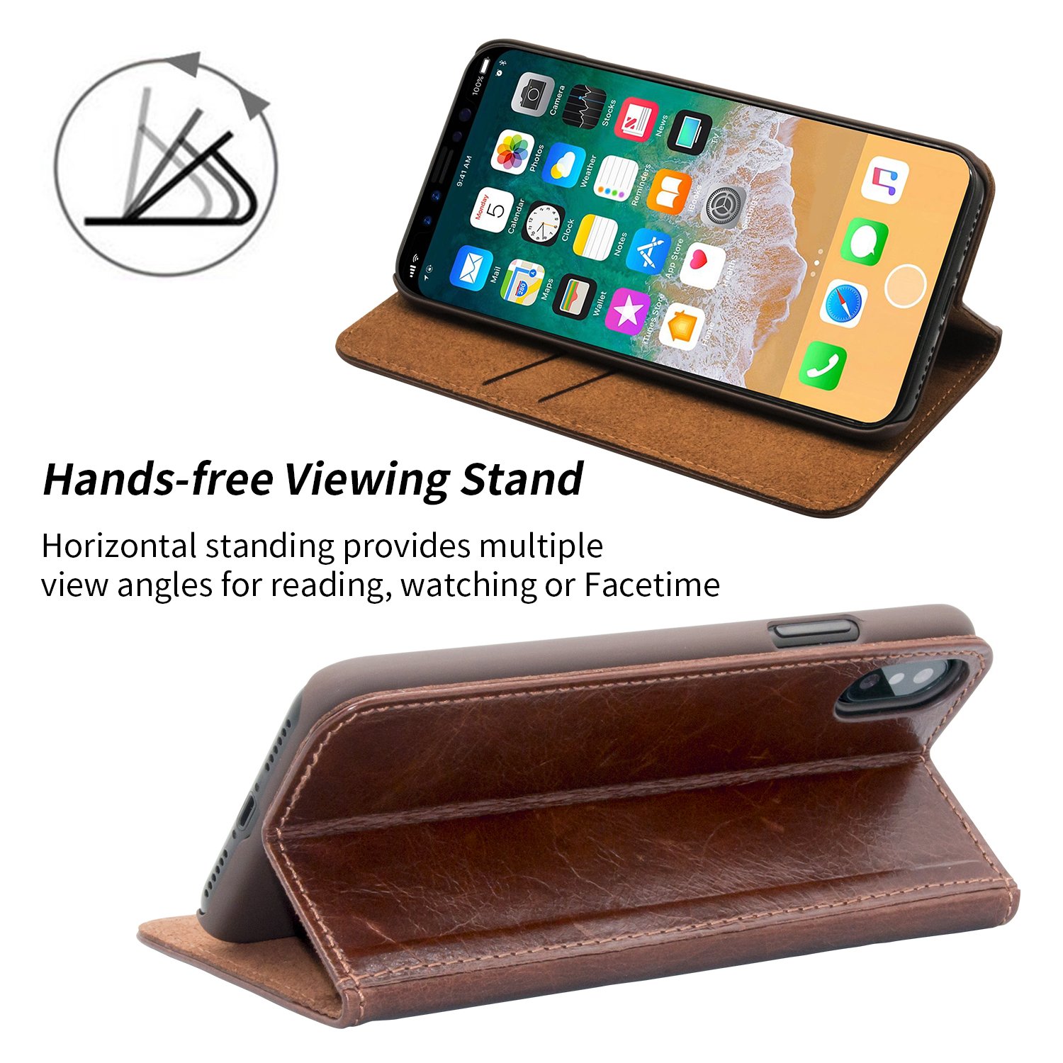 iPhone X Case, iBazal Stand Folio Leather Case, Vintage Handmade Genuine Leather Flip Case with magnetic Closure for iPhone X / iPhone 10 5.8\'\' (2017) - Brown