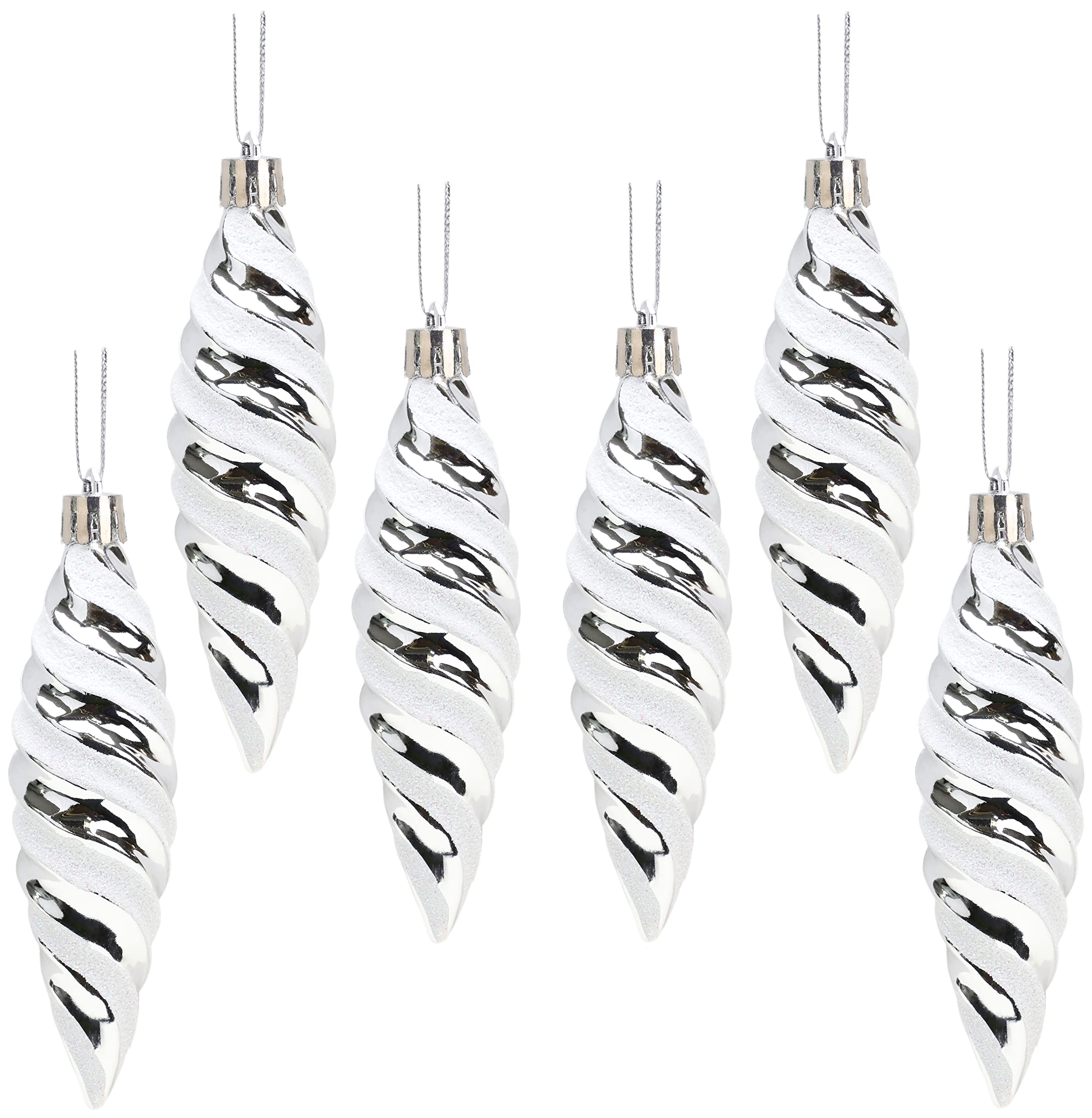 Christmas Concepts® Pack of 6-110mm Large Spiral Shaped Baubles - Shiny & Glitter Decorated - Christmas Tree Decorations (Silver) — image 1